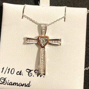 Two Tone Sterling Silver 1/10 Carat T.W. Diamond Cross Pendant Necklace NWT